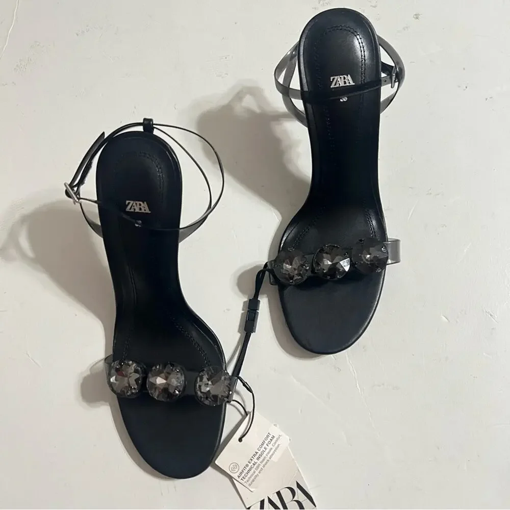 Zara EMBELLISHED VINYL HEELED SANDALS - Picture 12 of 16